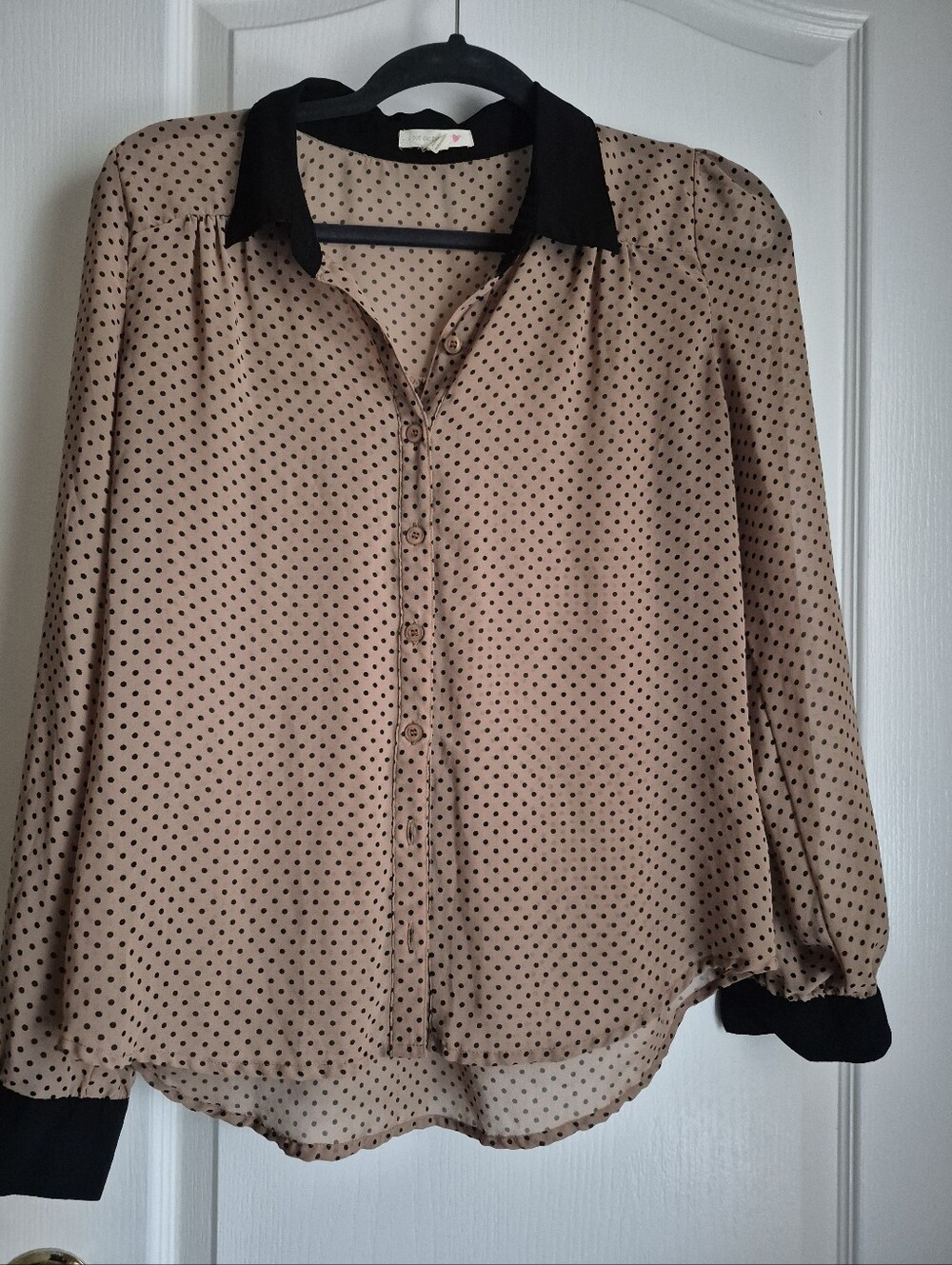Women’s Beige Polka Dot Blouse with Black Trim